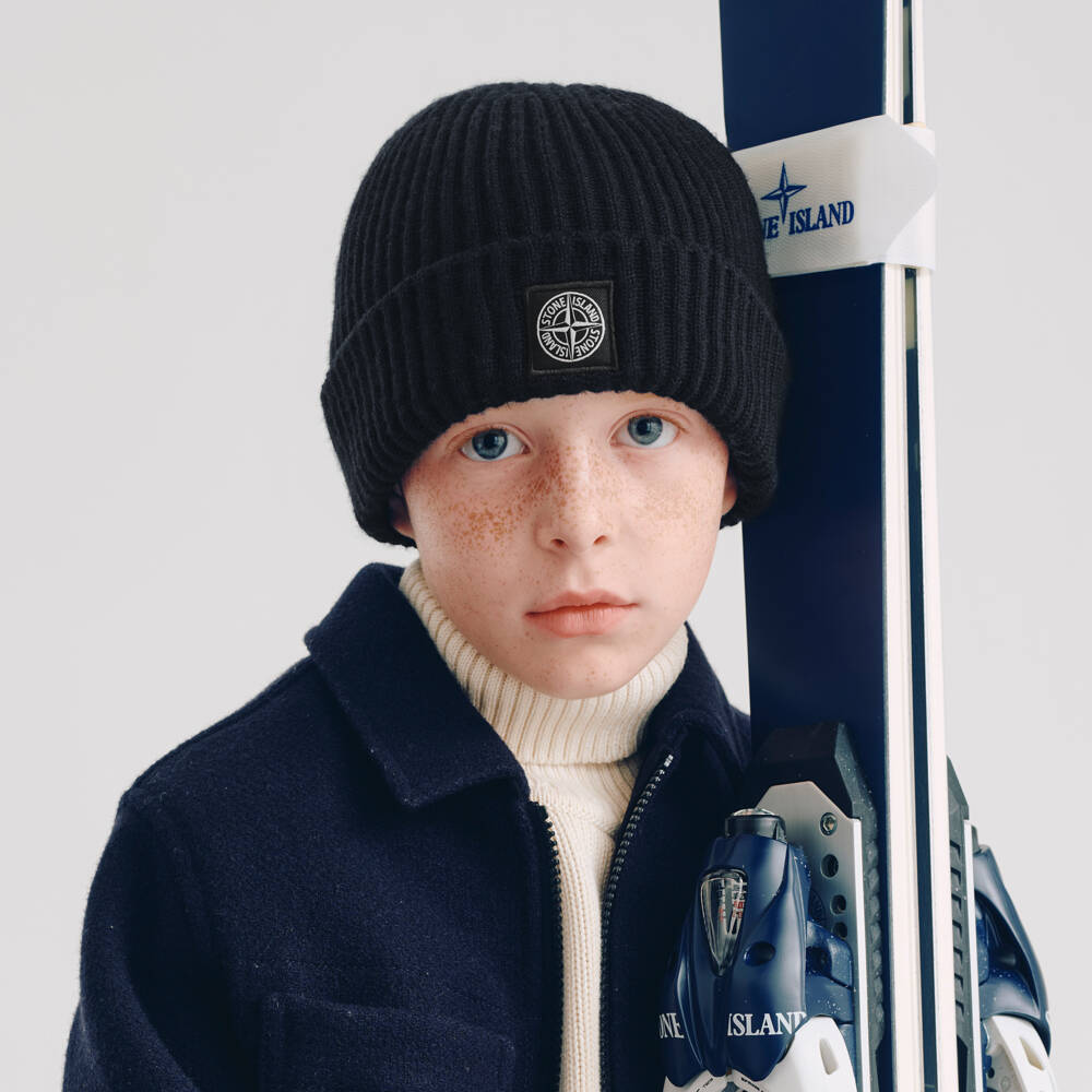 Stone Island Junior-Boys Black Knitted Wool Beanie Hat | Childrensalon