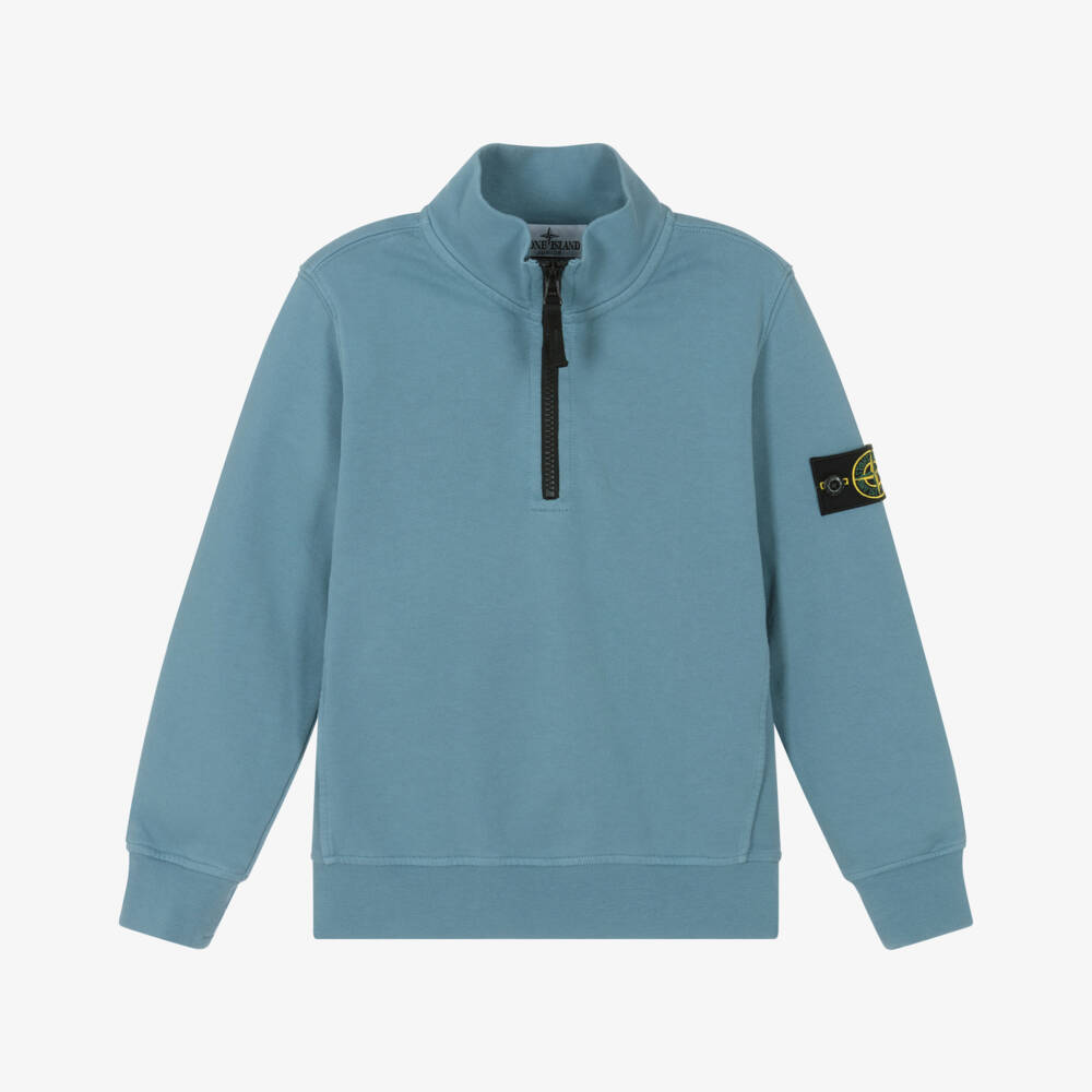 Stone Island Junior-Boys Blue Cotton 1/4 Zip Sweatshirt with Logo Compass Badge | Childrensalon
