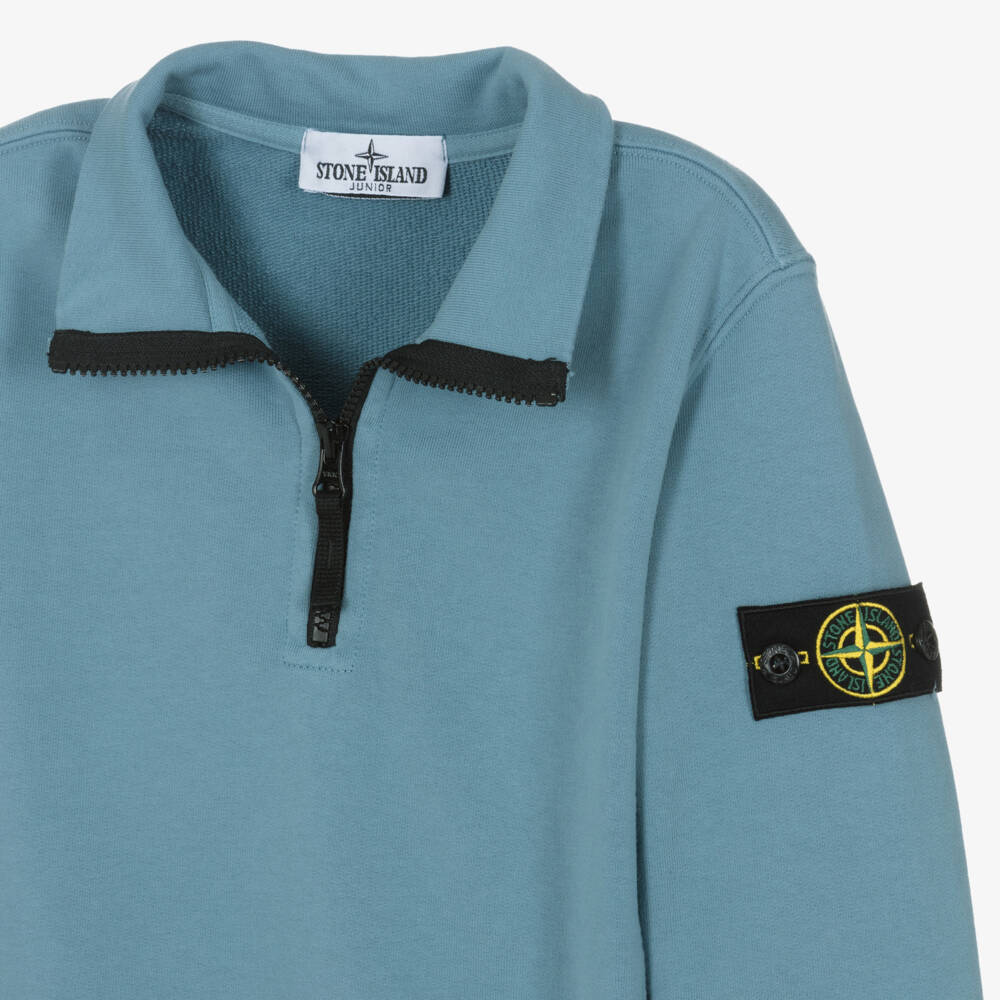 Stone Island Junior-Boys Blue Cotton 1/4 Zip Sweatshirt with Logo Compass Badge | Childrensalon