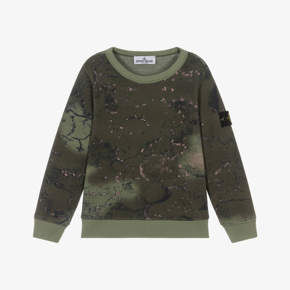 Stone Island Junior-Boys Dark Khaki Green Camouflage Print Sweatshirt | Childrensalon