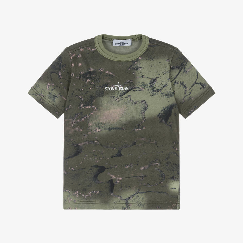 Stone Island Junior-Boys Dark Khaki Green Camouflage Print T-Shirt | Childrensalon