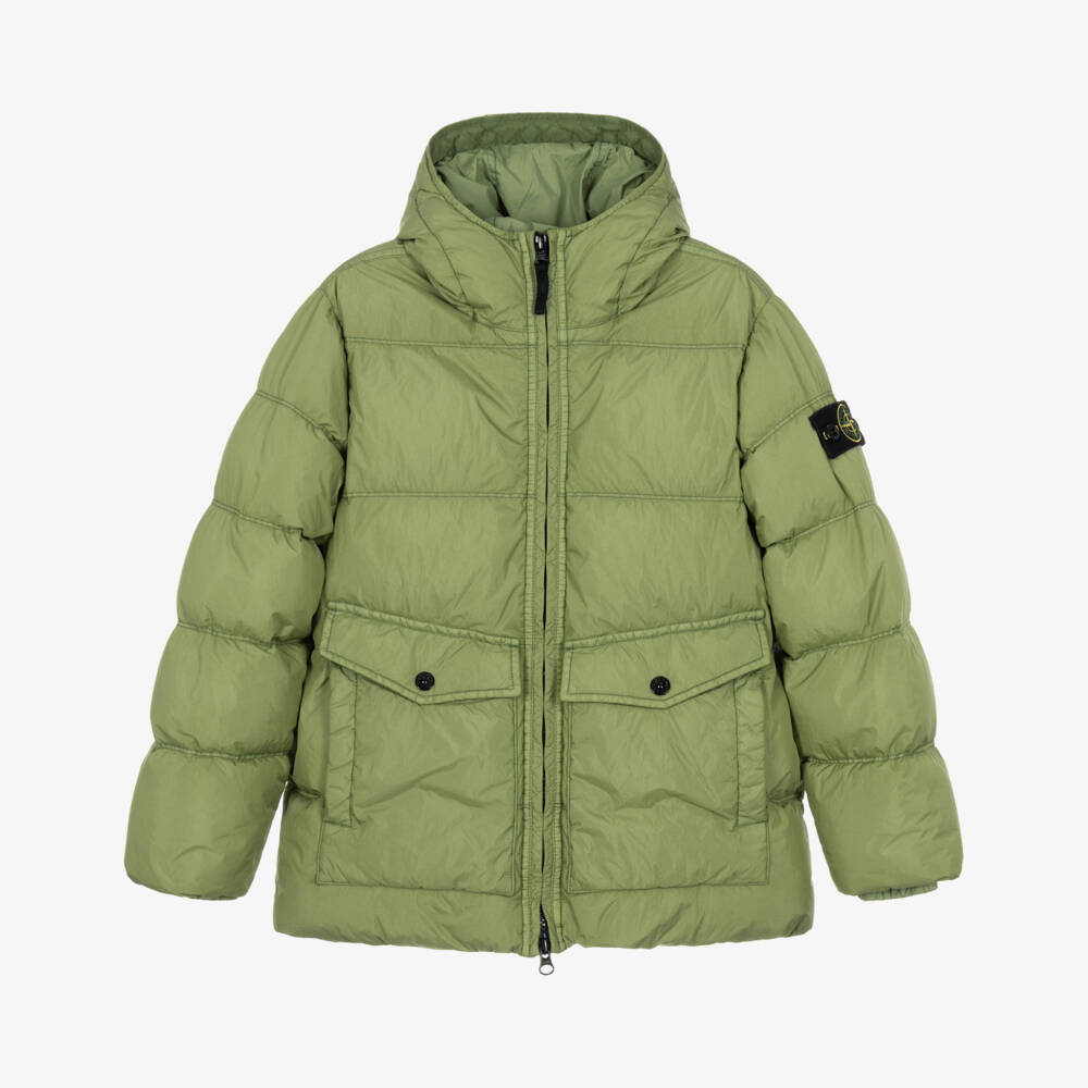 Stone Island Junior-Boys Green Down Padded Puffer Jacket with Hood | Childrensalon