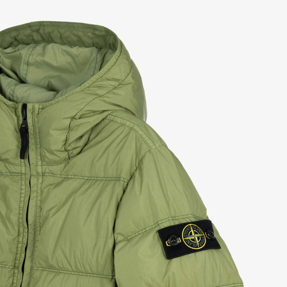 Stone Island Junior-Boys Green Down Padded Puffer Jacket with Hood | Childrensalon