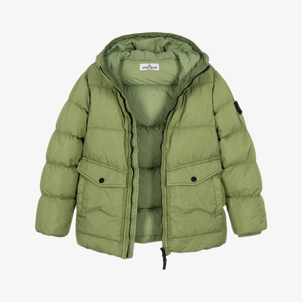 Stone Island Junior-Boys Green Down Padded Puffer Jacket with Hood | Childrensalon