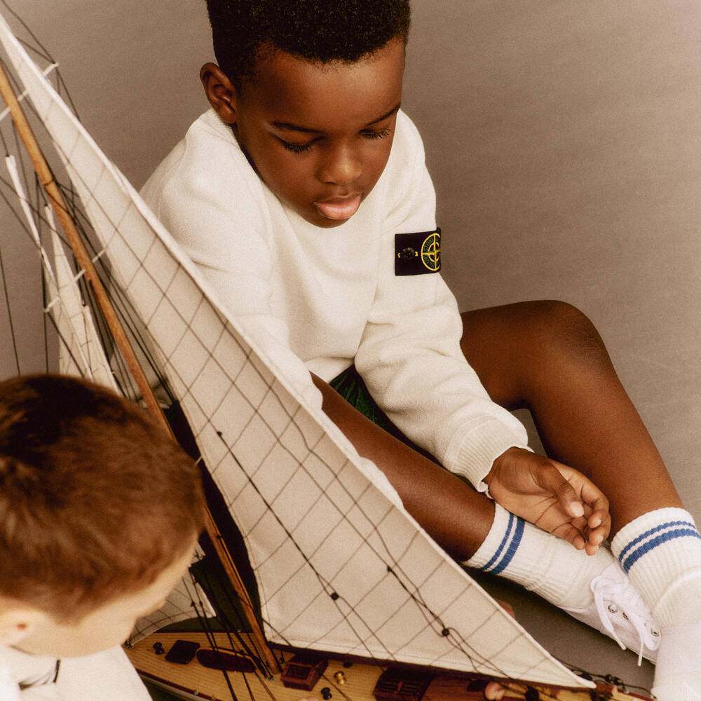 Stone Island Junior-Boys Ivory Cotton Sweatshirt with Signature Logo Badge | Childrensalon