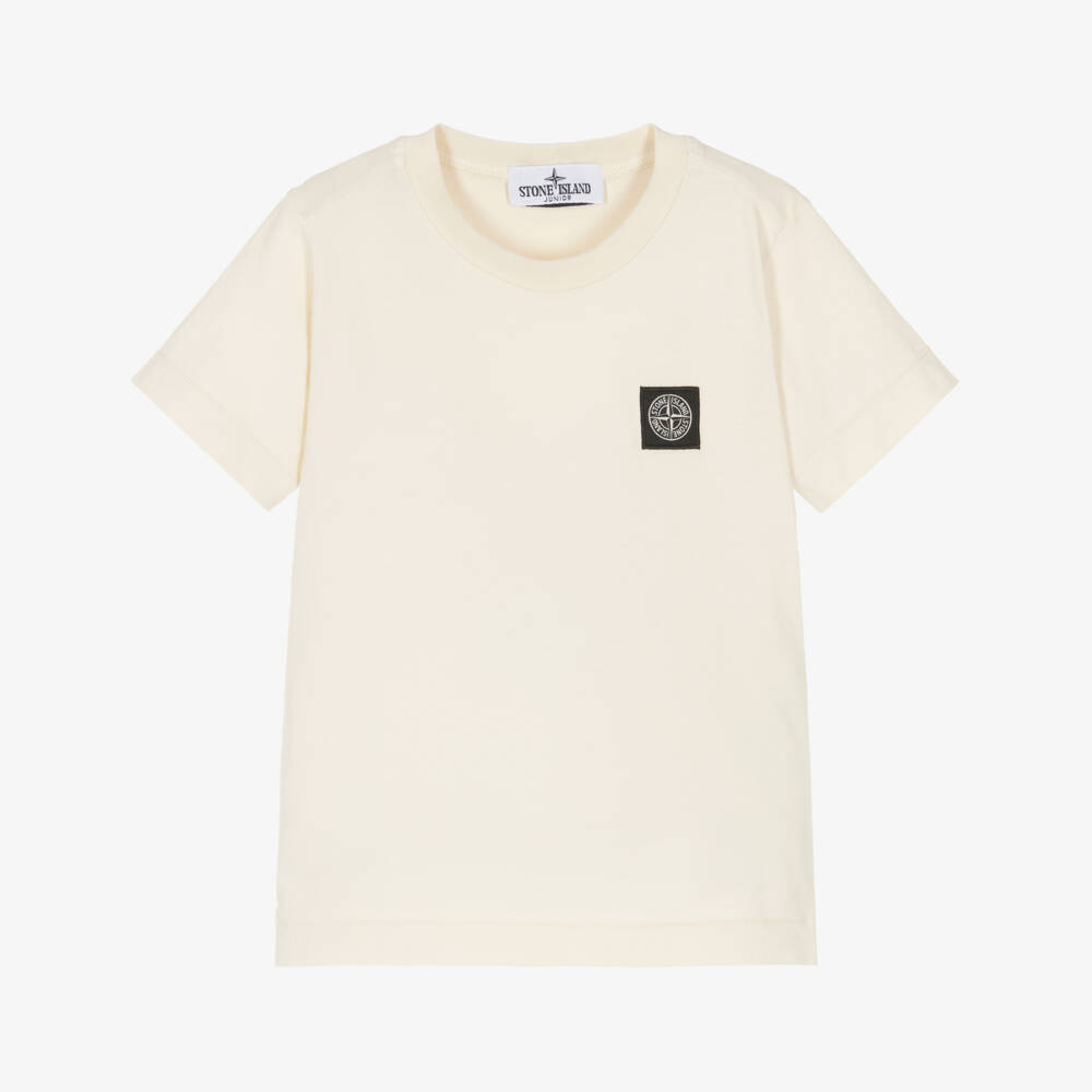 Stone Island Junior-Boys Ivory Cotton T-Shirt with Compass Logo Patch | Childrensalon