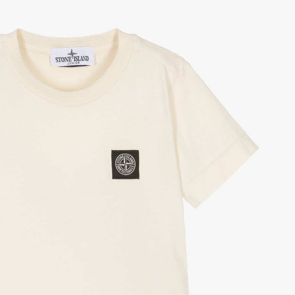 Stone Island Junior-Boys Ivory Cotton T-Shirt with Compass Logo Patch | Childrensalon
