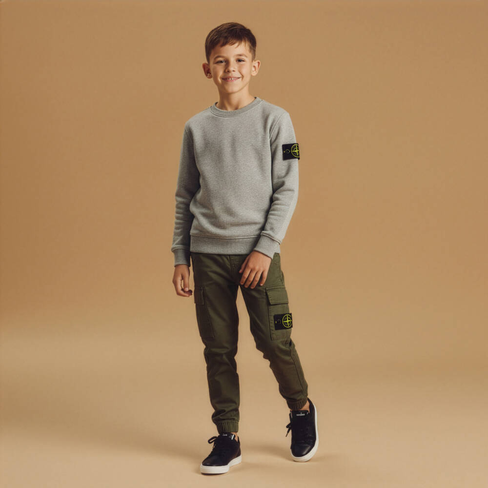 Stone Island Junior-Брюки карго зеленые хаки из хлопка для мальчиков | Childrensalon