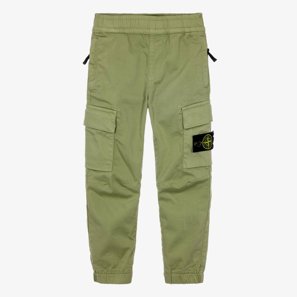 Stone Island Junior-Boys Khaki Green Cotton Cargo Trousers | Childrensalon
