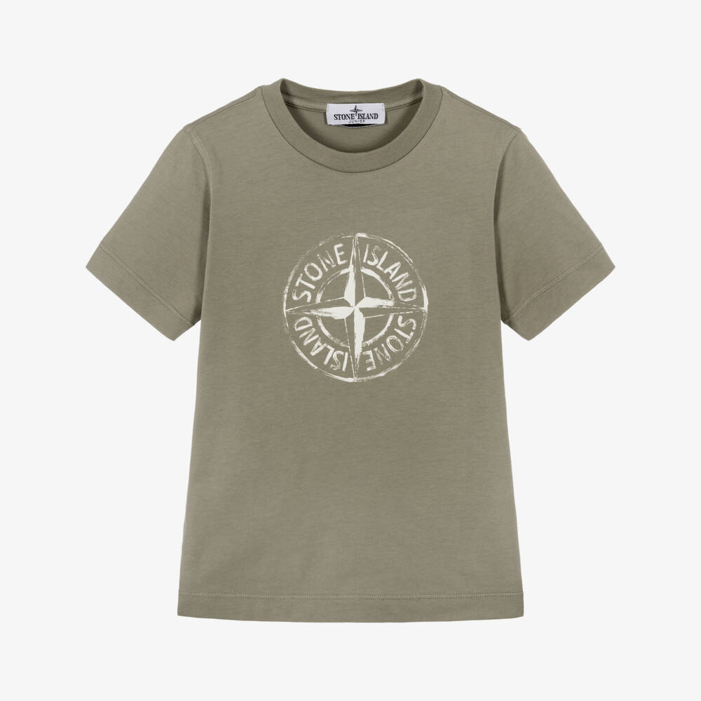 Stone Island Junior-Boys Khaki Green Cotton T-Shirt with Compass Graphic | Childrensalon