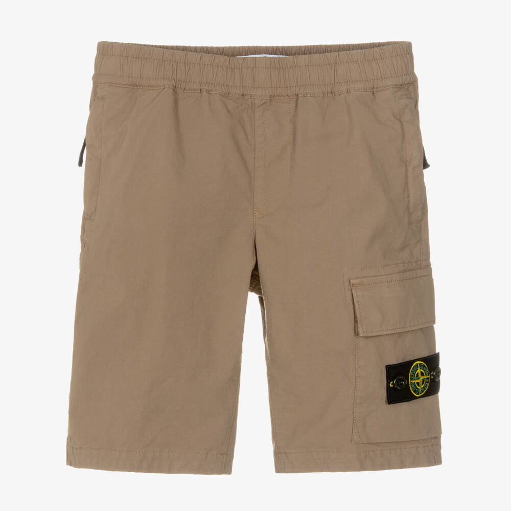 Stone Island Junior-Boys Light Brown Cotton Shorts with Logo Compass Badge | Childrensalon