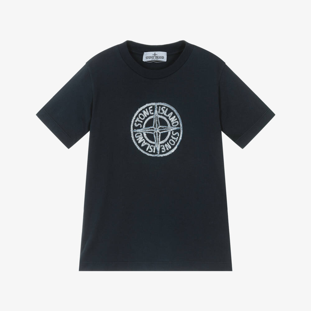 Stone Island Junior-Boys Navy Blue Cotton T-Shirt with Embroidered Compass Logo | Childrensalon