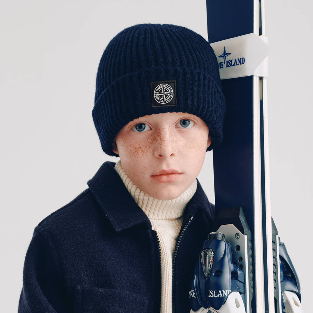 Stone Island Junior-Boys Navy Blue Knitted Wool Beanie Hat | Childrensalon