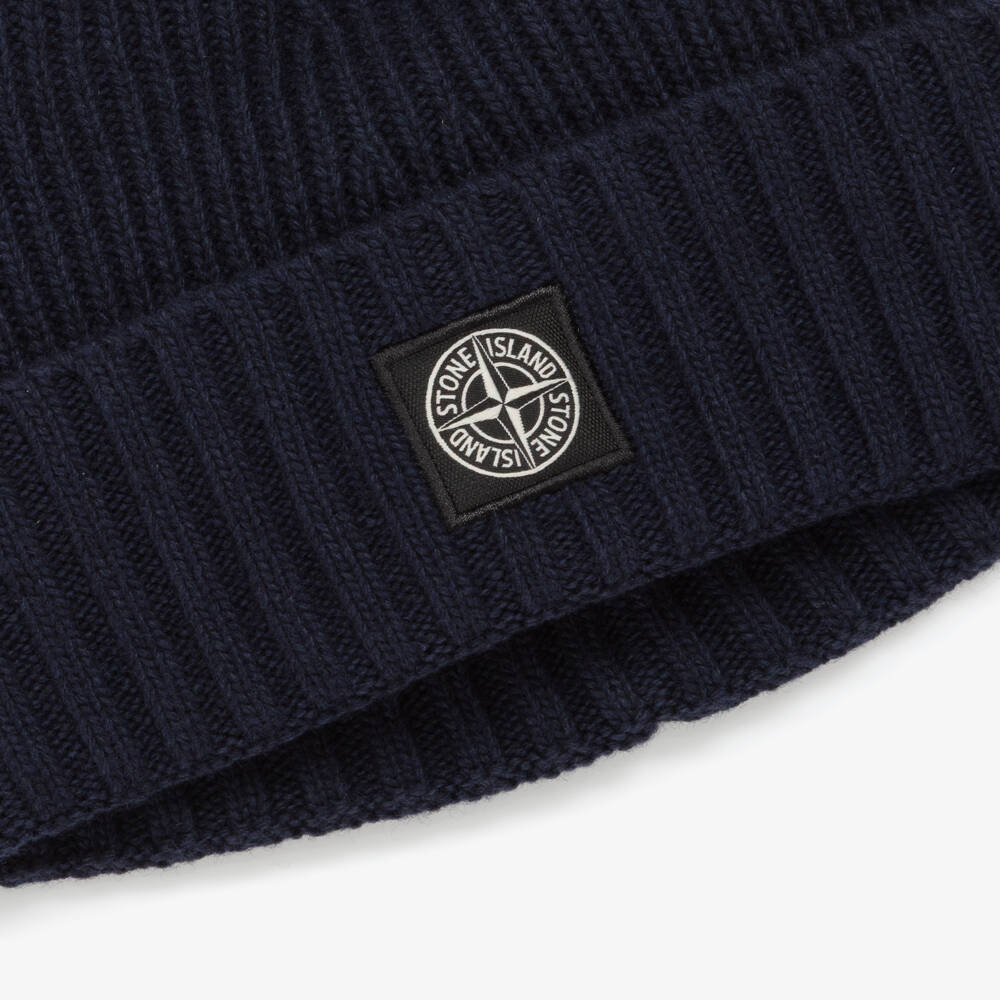 Stone Island Junior-Boys Navy Blue Knitted Wool Beanie Hat | Childrensalon