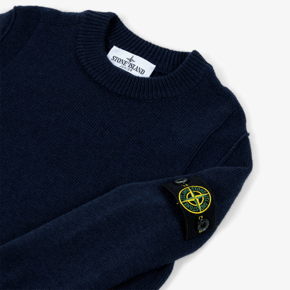 Stone Island Junior-Boys Navy Blue Wool Knit Sweater with Logo Badge | Childrensalon