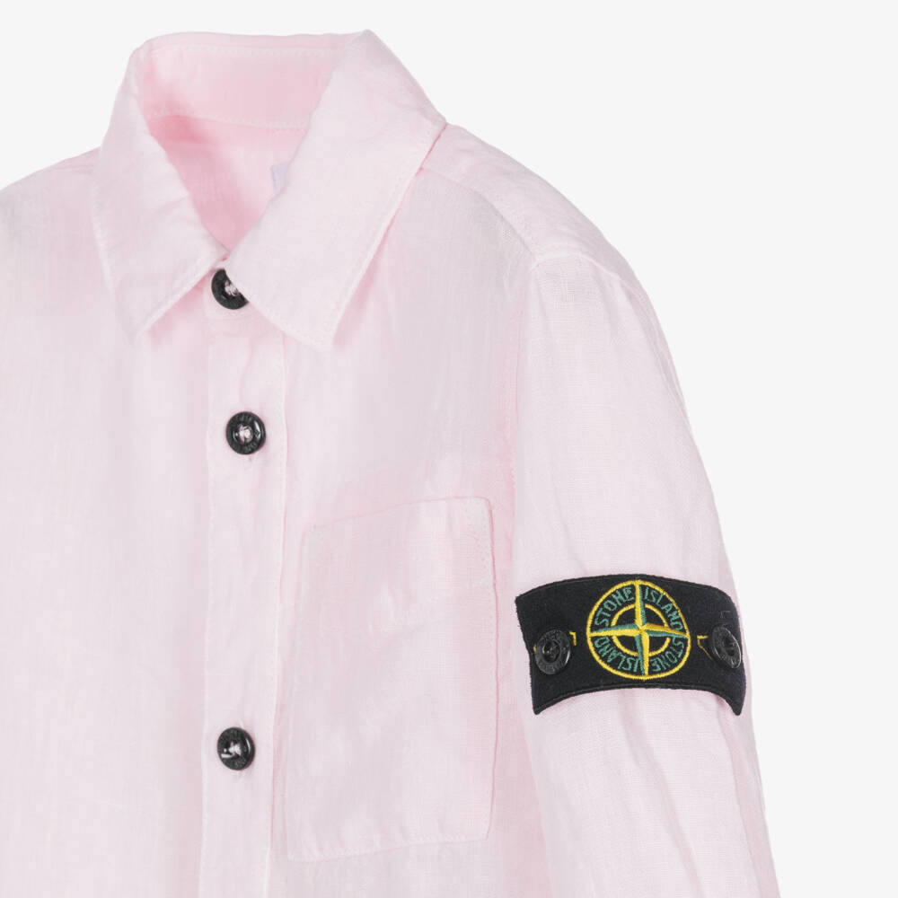 Stone Island Junior-Boys Pale Pink Linen Shirt with Logo Badge | Childrensalon