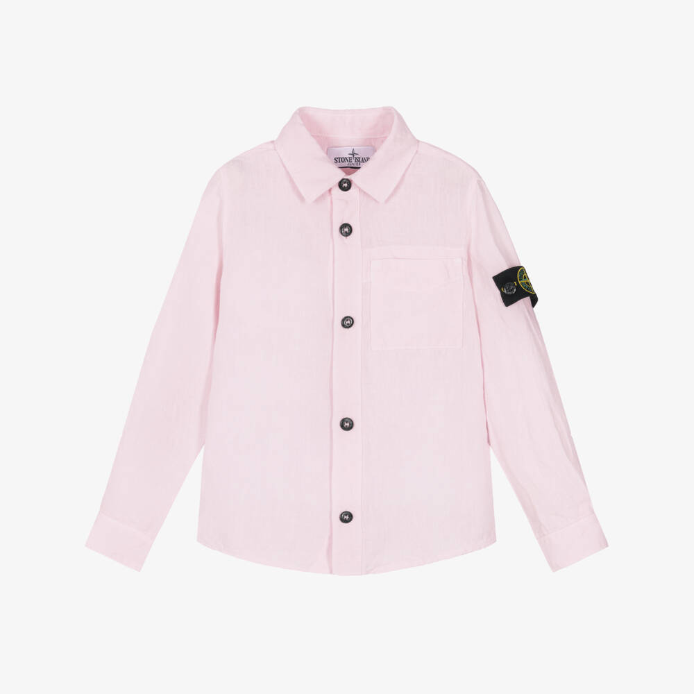 Stone Island Junior-Boys Pale Pink Linen Shirt with Logo Badge | Childrensalon