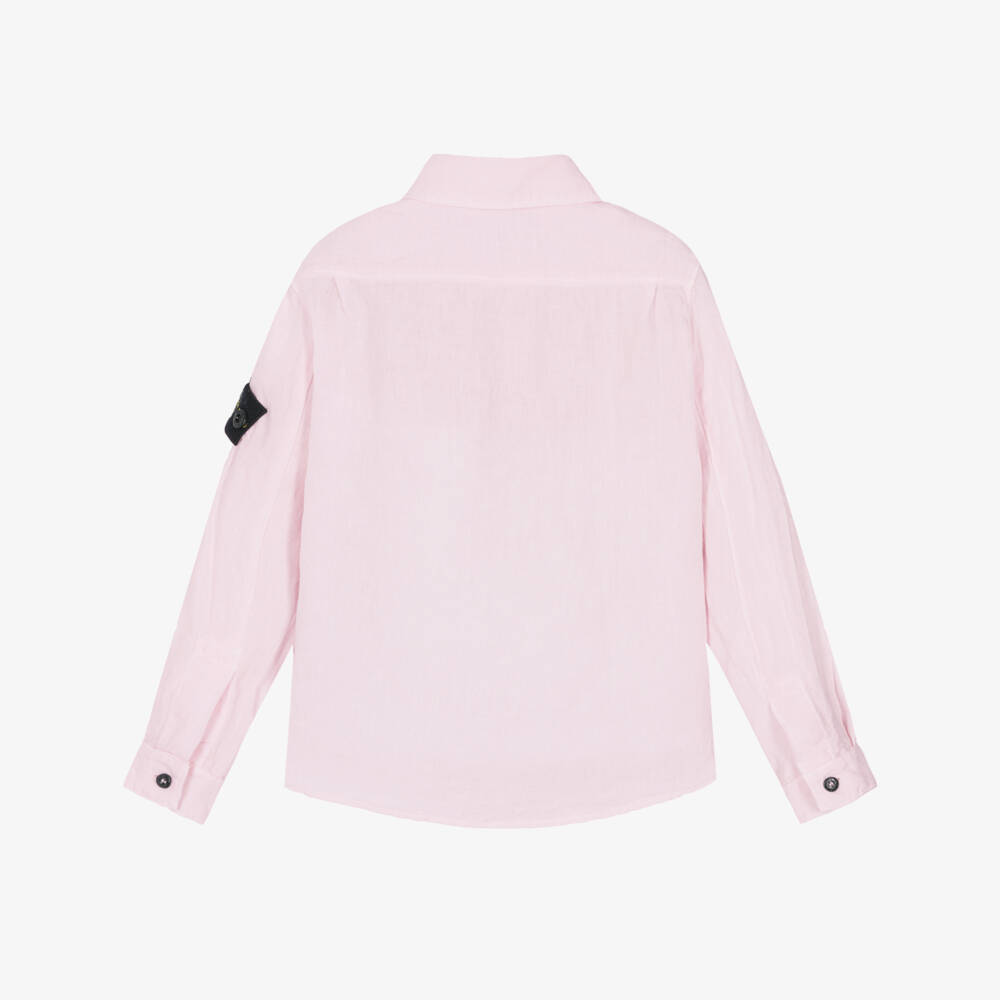 Stone Island Junior-Boys Pale Pink Linen Shirt with Logo Badge | Childrensalon