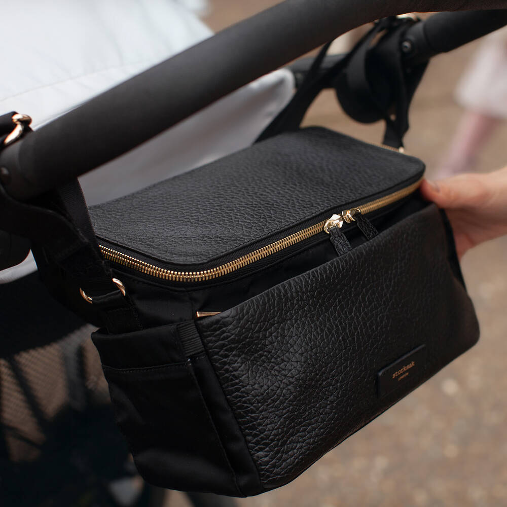 Storksak-حقيبة منظمة لعربة الأطفال جلد لون أسود (27 سم) | Childrensalon