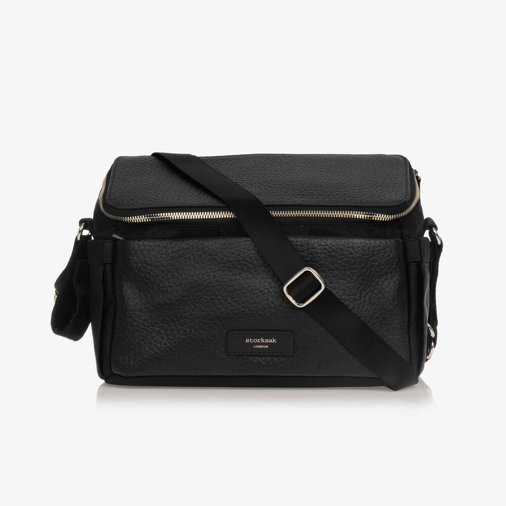 Storksak-حقيبة منظمة لعربة الأطفال جلد لون أسود (27 سم) | Childrensalon