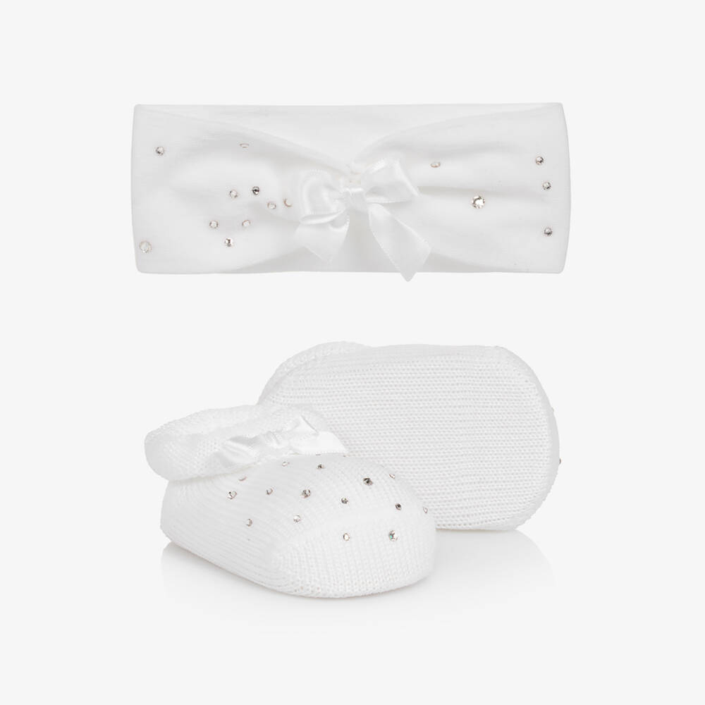 Story Loris-Baby Girls White Booties & Headband Set | Childrensalon