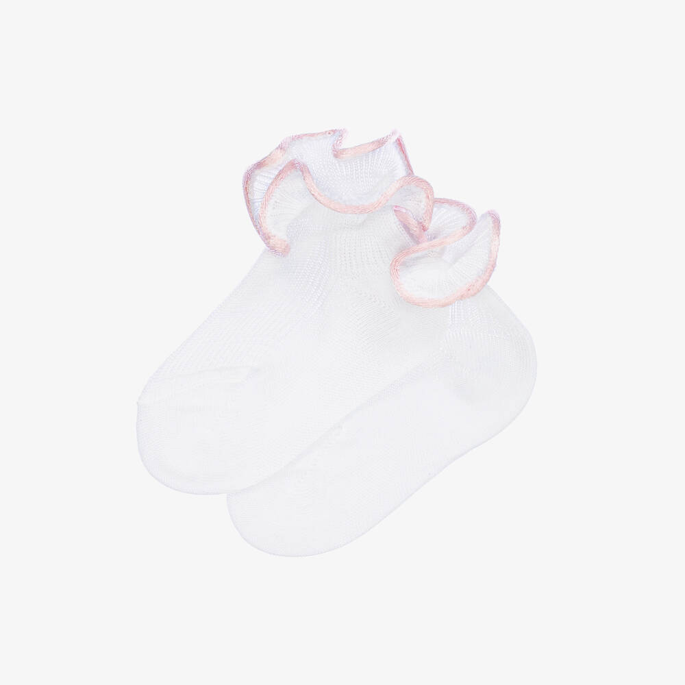 Story Loris-Baby Girls White & Pink Ruffle Socks | Childrensalon