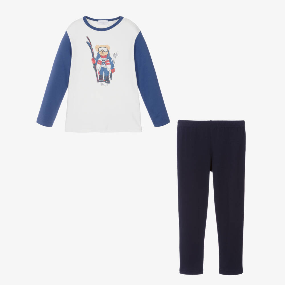 Story Loris-Boys Blue & White Cotton Ski Bear Pyjamas | Childrensalon