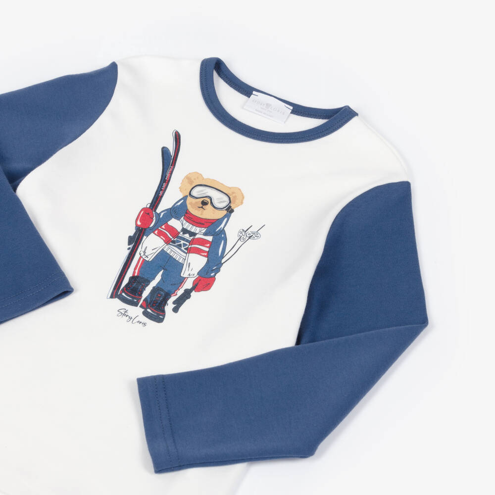 Story Loris-Boys Blue & White Cotton Ski Bear Pyjamas | Childrensalon