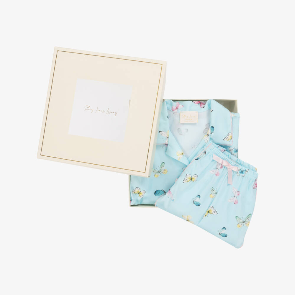 Story Loris-Girls Blue Cotton Butterfly Print Short Pyjamas | Childrensalon