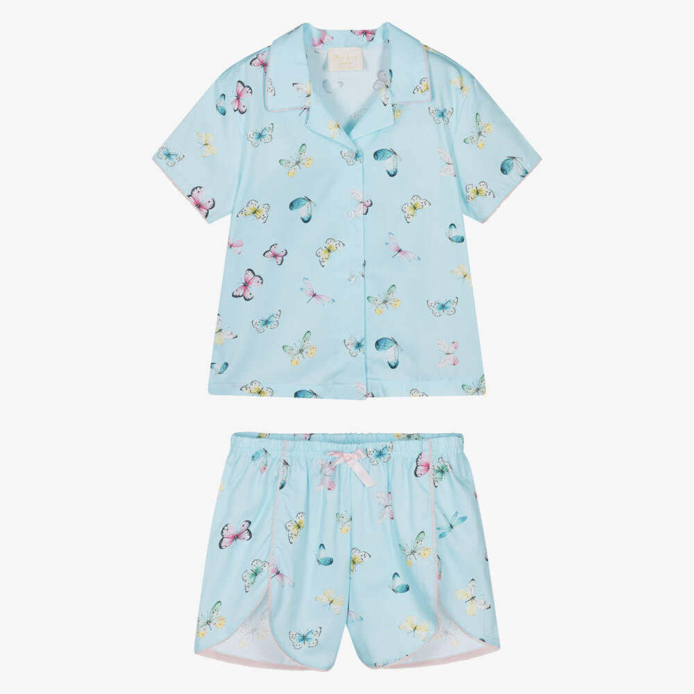 Story Loris-Girls Blue Cotton Butterfly Print Short Pyjamas | Childrensalon