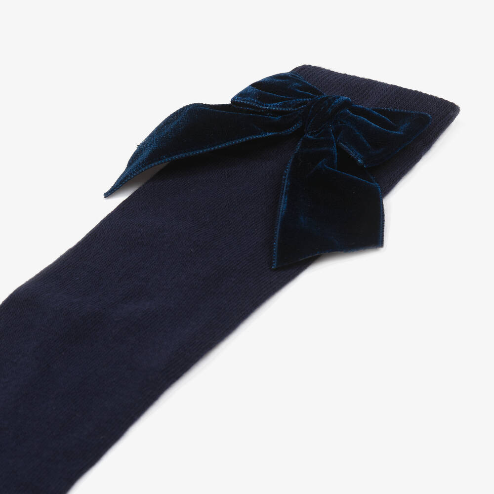Story Loris-Girls Blue Cotton & Velvet Bow Socks | Childrensalon
