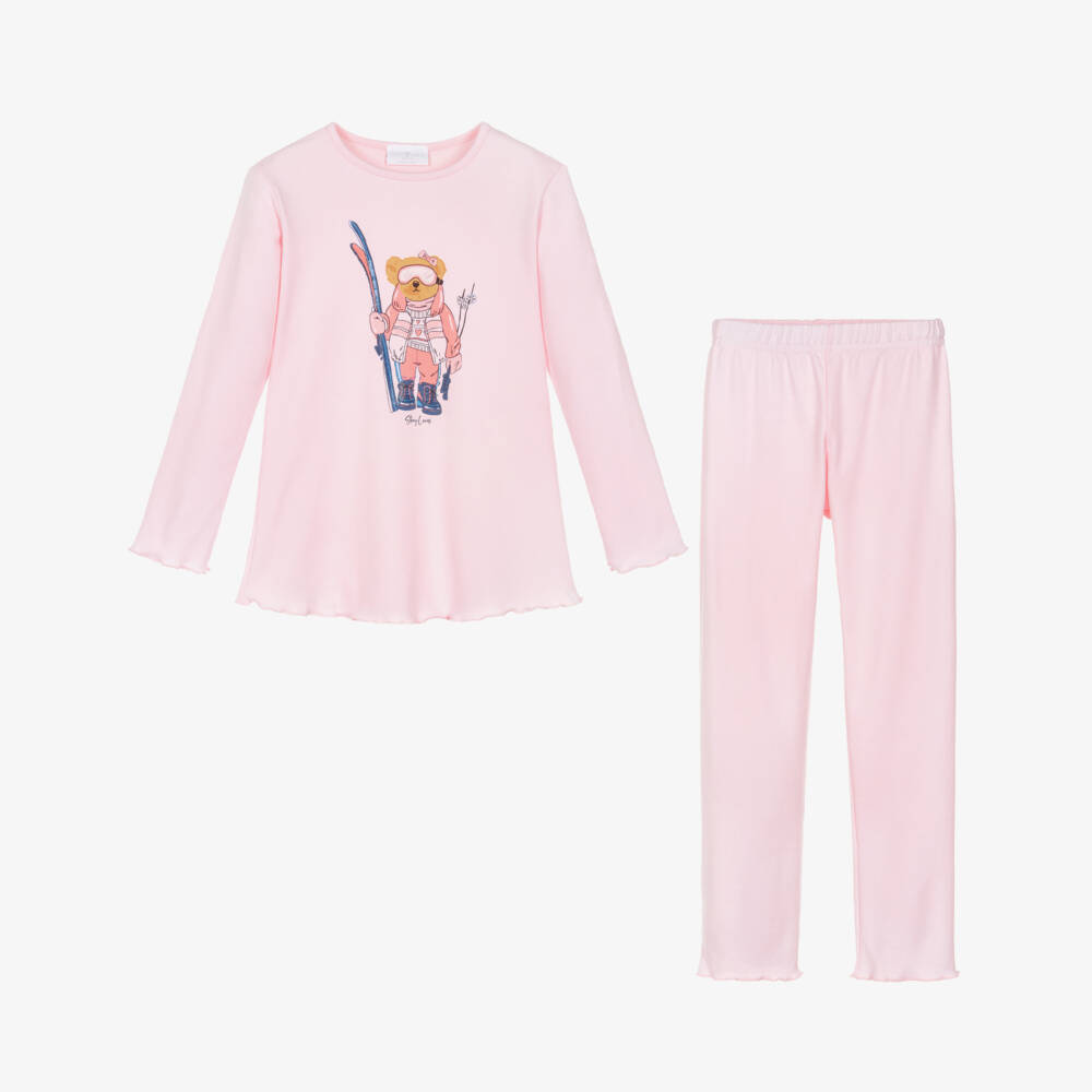Story Loris-Girls Pink Cotton Pyjamas with Ski Bear Print | Childrensalon