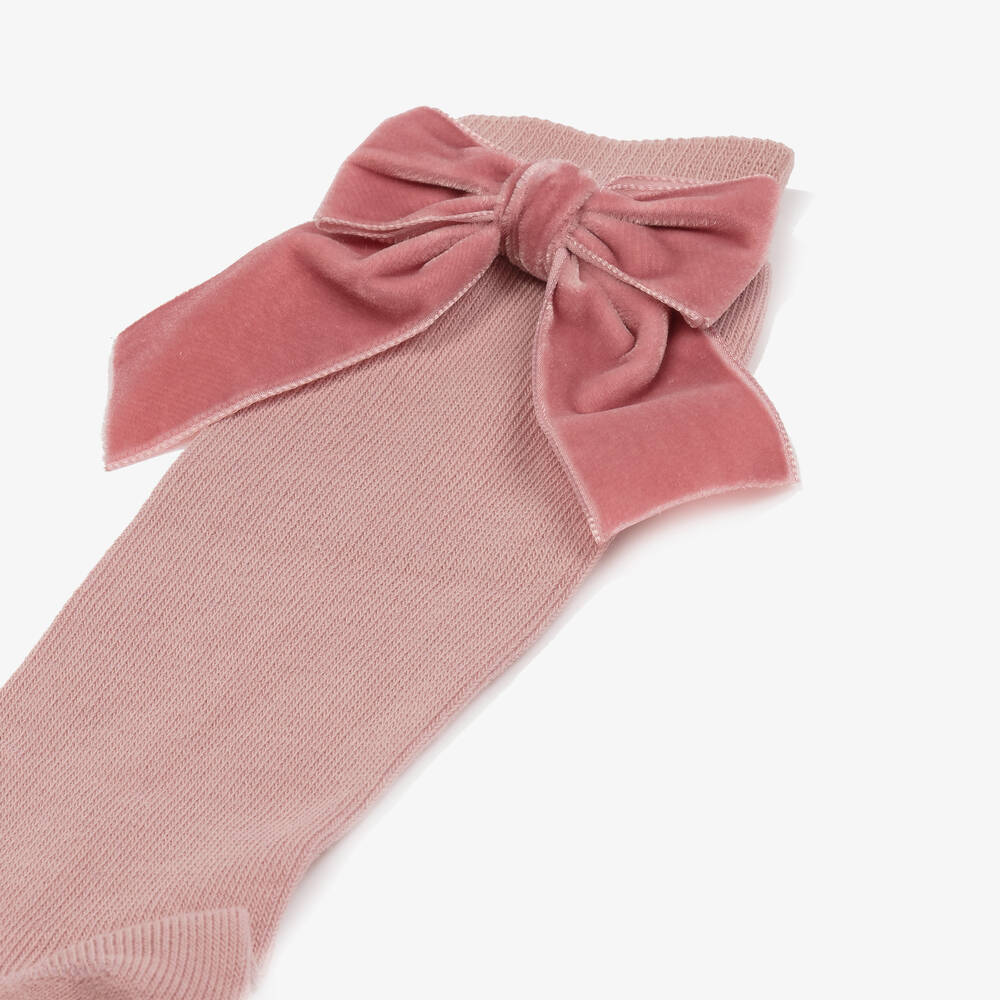 Story Loris-Girls Pink Cotton & Velvet Bow Socks | Childrensalon