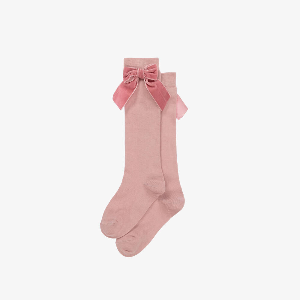 Story Loris-Girls Pink Cotton & Velvet Bow Socks | Childrensalon