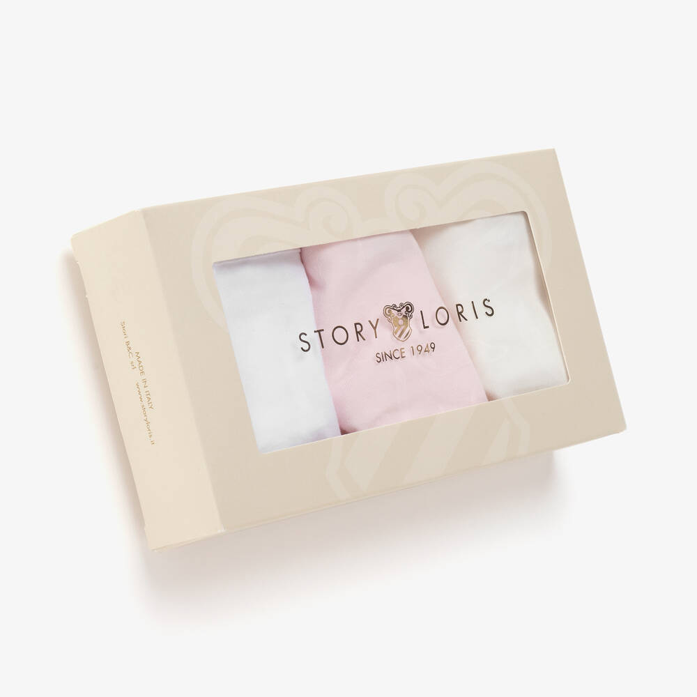 Story Loris-Girls Pink & White Cotton Knickers (3 Pack) | Childrensalon