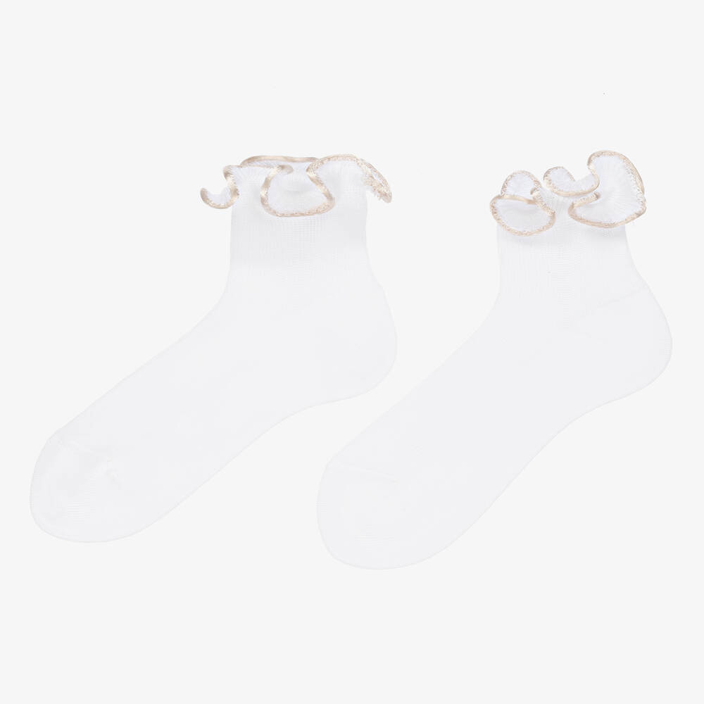 Story Loris-Girls White & Ivory Ruffle Socks | Childrensalon