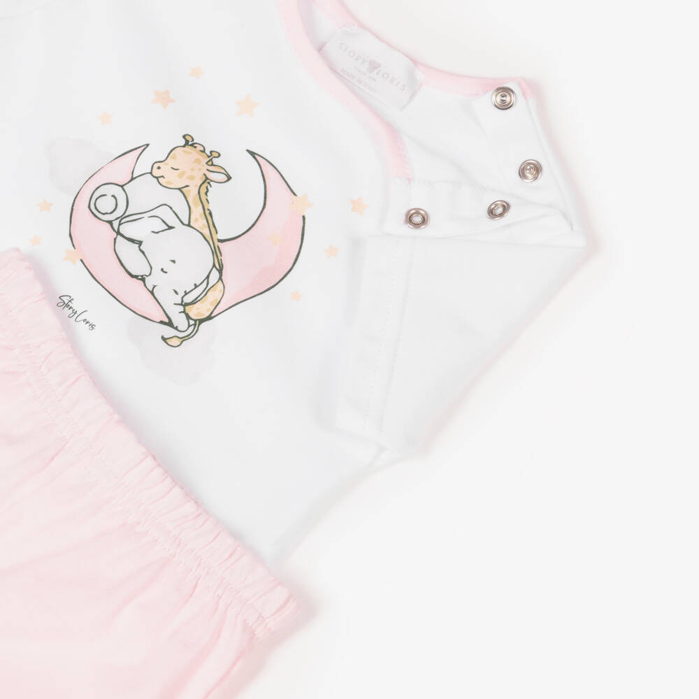 Story Loris-Pink & White Cotton Moon Pyjamas | Childrensalon