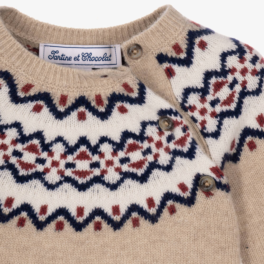 Tartine et Chocolat-Baby Boys Beige Fair Isle Wool Sweater | Childrensalon