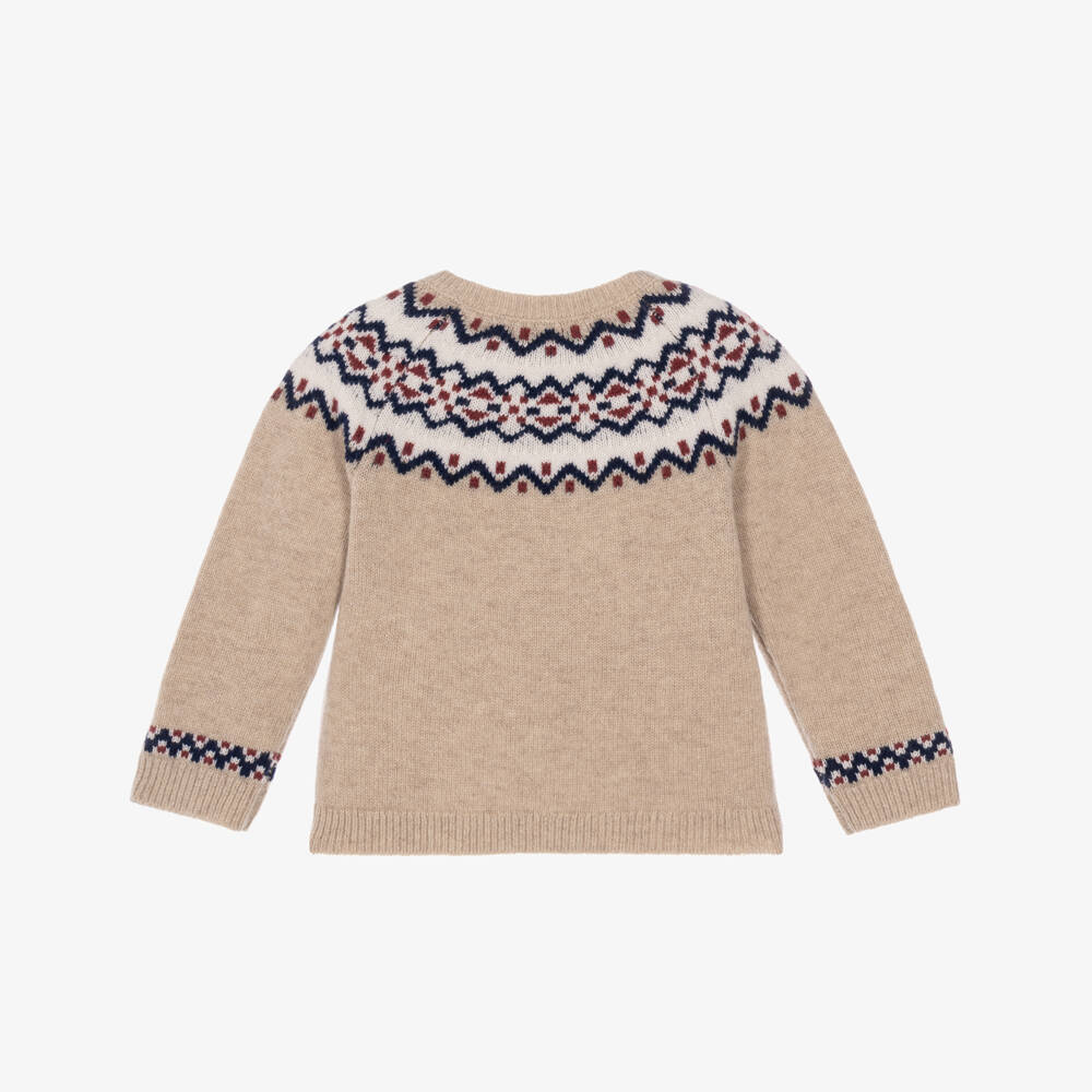 Tartine et Chocolat-Baby Boys Beige Fair Isle Wool Sweater | Childrensalon