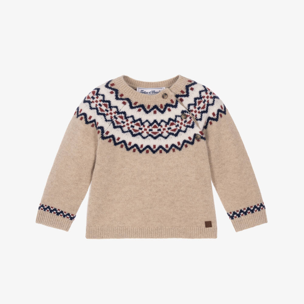 Tartine et Chocolat-Baby Boys Beige Fair Isle Wool Sweater | Childrensalon