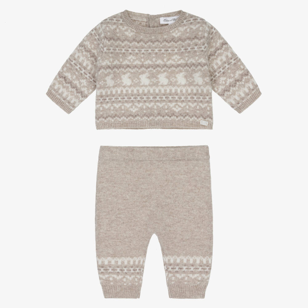 Tartine et Chocolat-Baby Boys Beige Wool & Cashmere Knit Bunny Trouser Set | Childrensalon