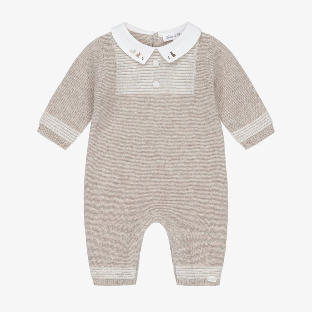 Tartine et Chocolat-Baby Boys Beige Wool & Cashmere Knitted Romper | Childrensalon