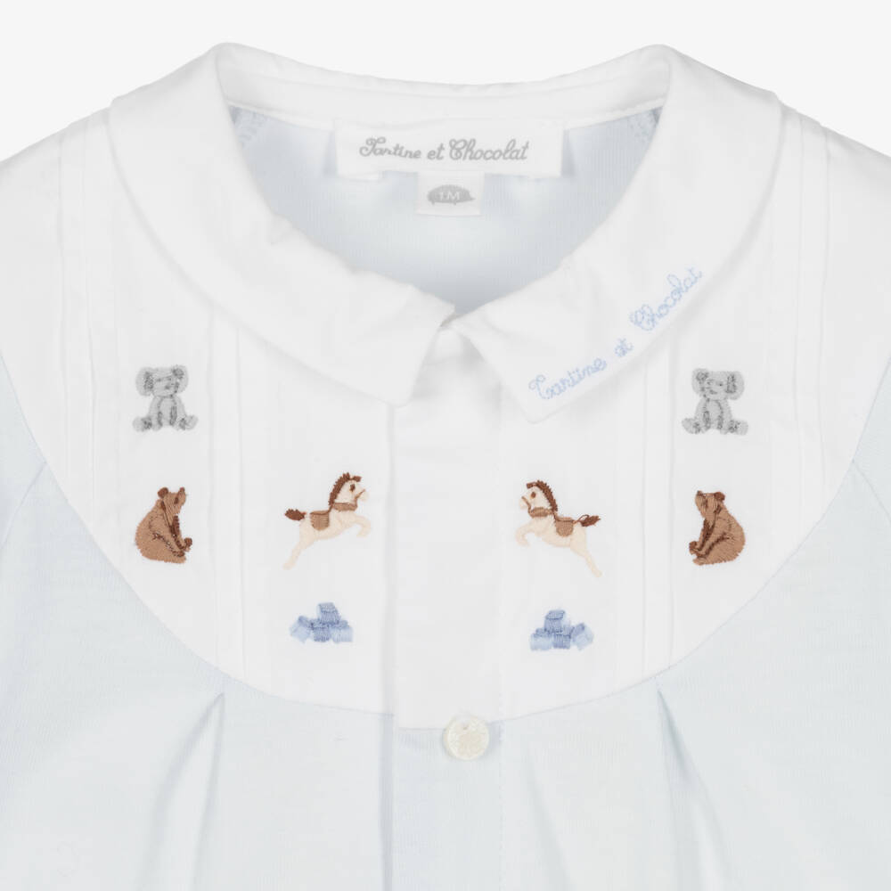 Tartine et Chocolat-Baby Boys Blue Cotton Babygrow with Toy Embroidery | Childrensalon