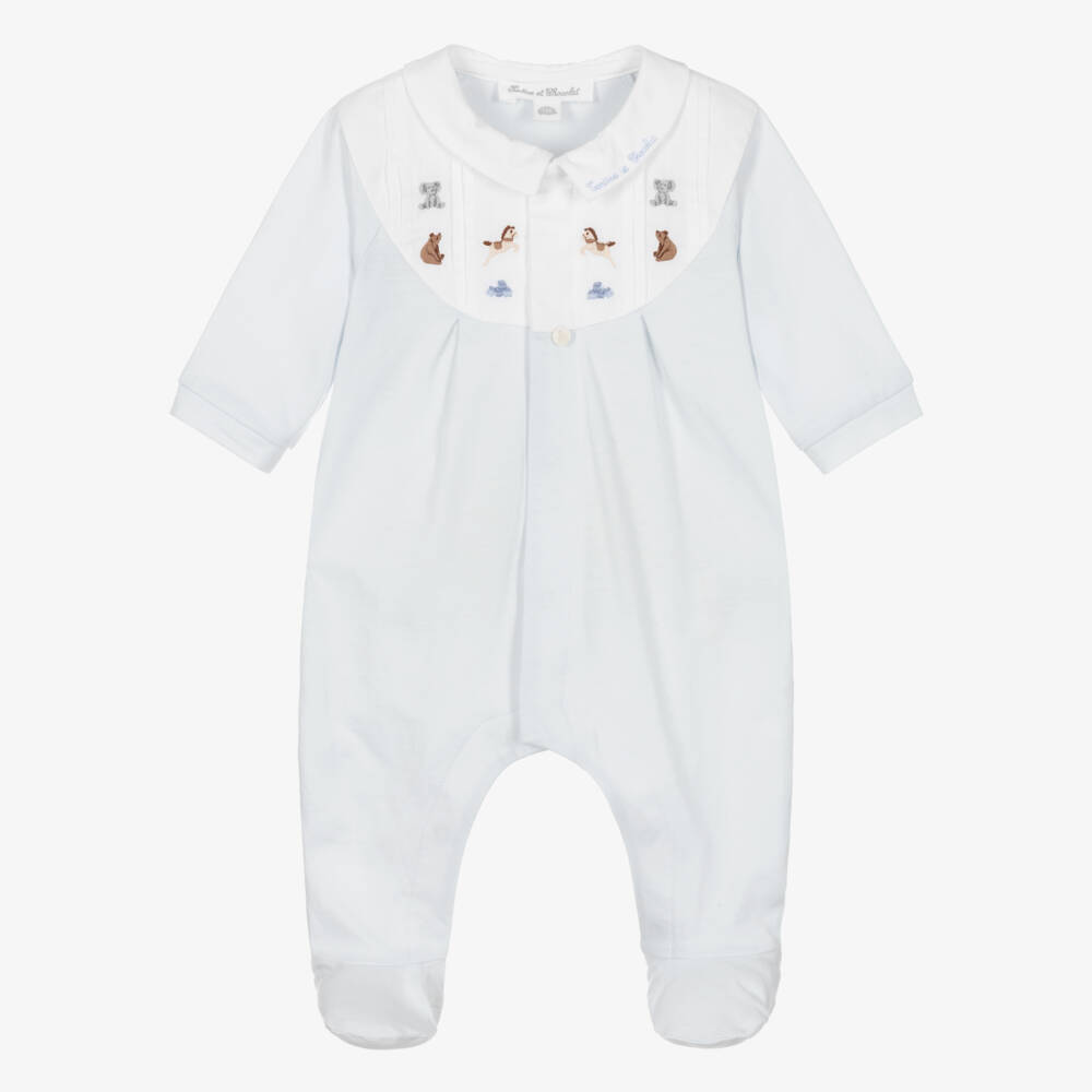 Tartine et Chocolat-Baby Boys Blue Cotton Babygrow with Toy Embroidery | Childrensalon