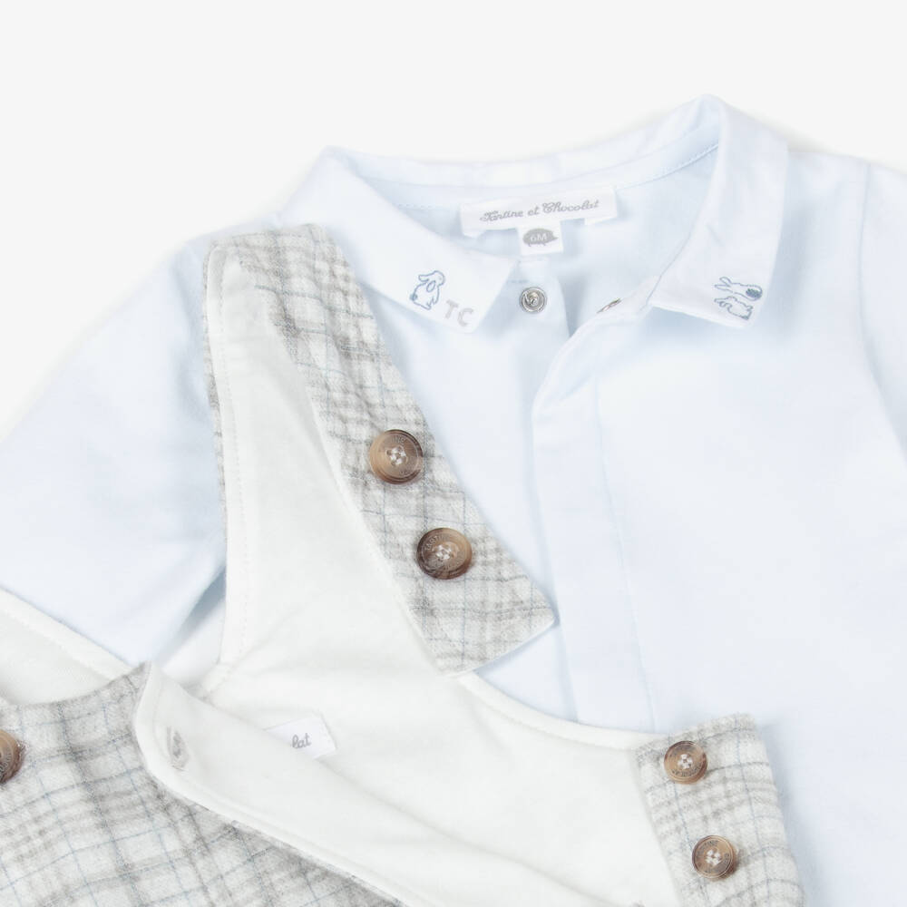 Tartine et Chocolat-Baby Boys Blue & Grey Check Cotton Dungarees Set | Childrensalon