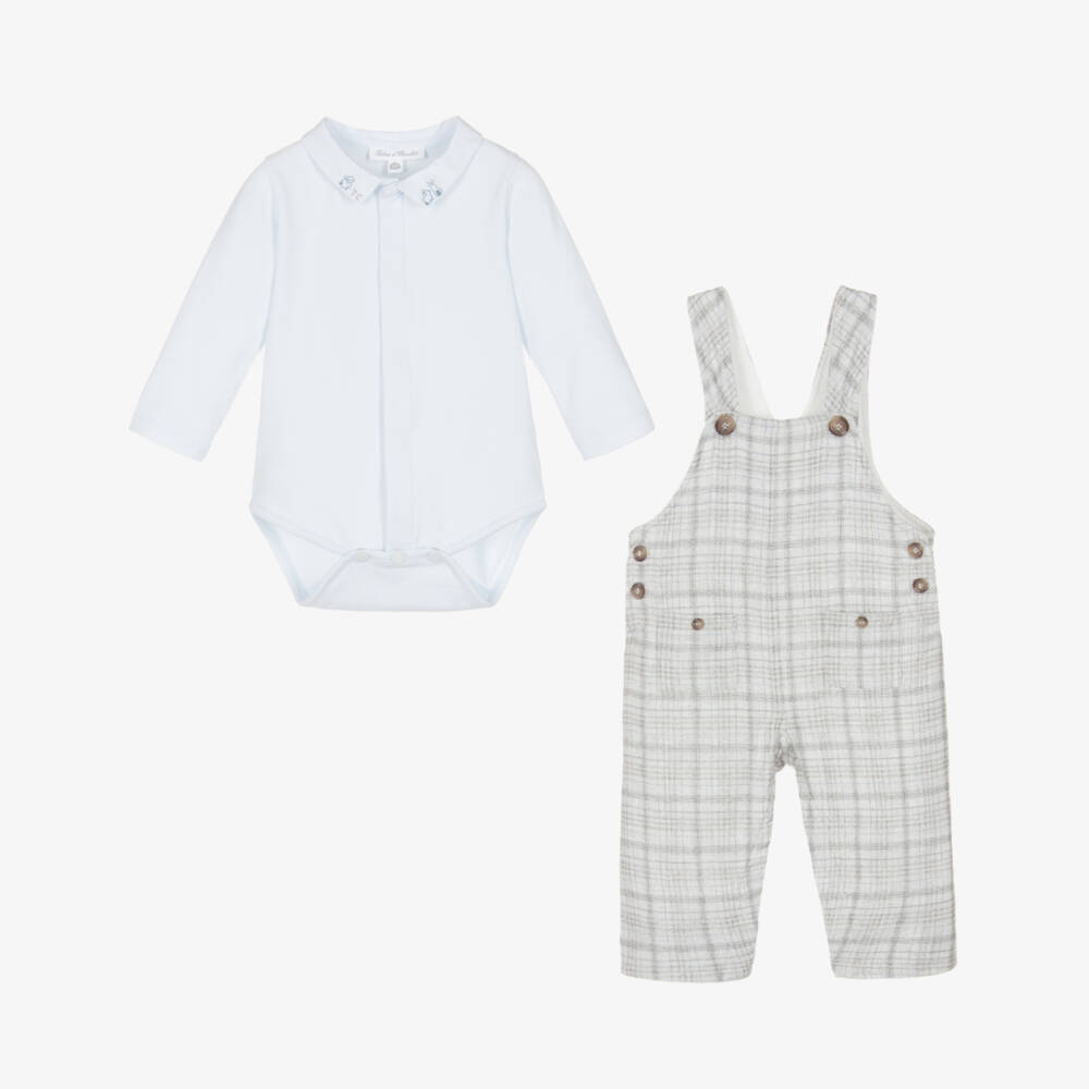 Tartine et Chocolat-Baby Boys Blue & Grey Check Cotton Dungarees Set | Childrensalon