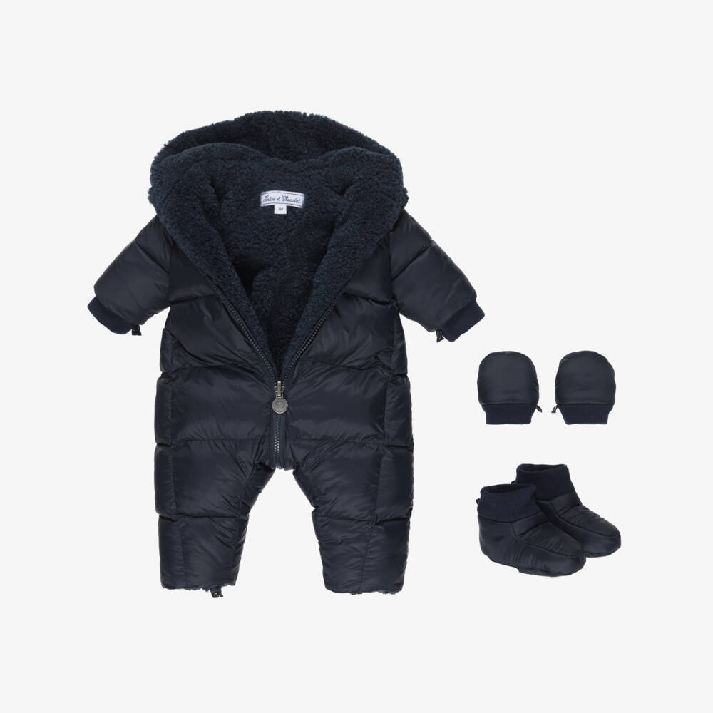 Tartine et Chocolat-Baby Boys Blue Padded Snowsuit with Booties & Mittens | Childrensalon