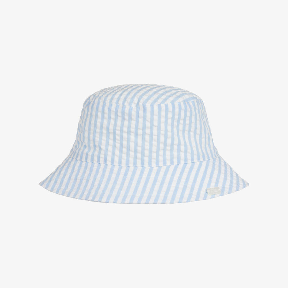 Tartine et Chocolat-Baby Boys Blue & White Stripe Cotton Seersucker Sun Hat | Childrensalon