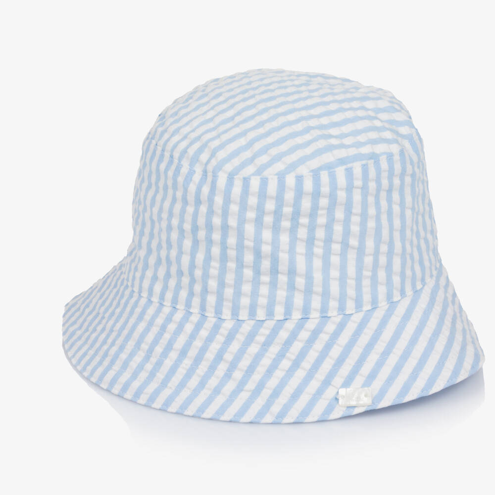 Tartine et Chocolat-Baby Boys Blue & White Stripe Cotton Seersucker Sun Hat | Childrensalon