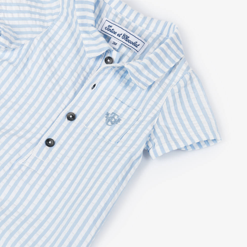 Tartine et Chocolat-Baby Boys Blue & White Striped Cotton Seersucker Shortie | Childrensalon